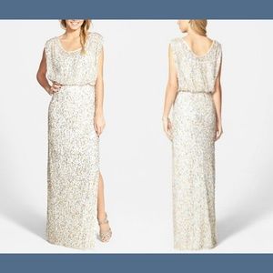 NWT JS Collections Blouson Bodice Sequin Mesh Gown in Gold/Silver [SZ‎ 4 ]